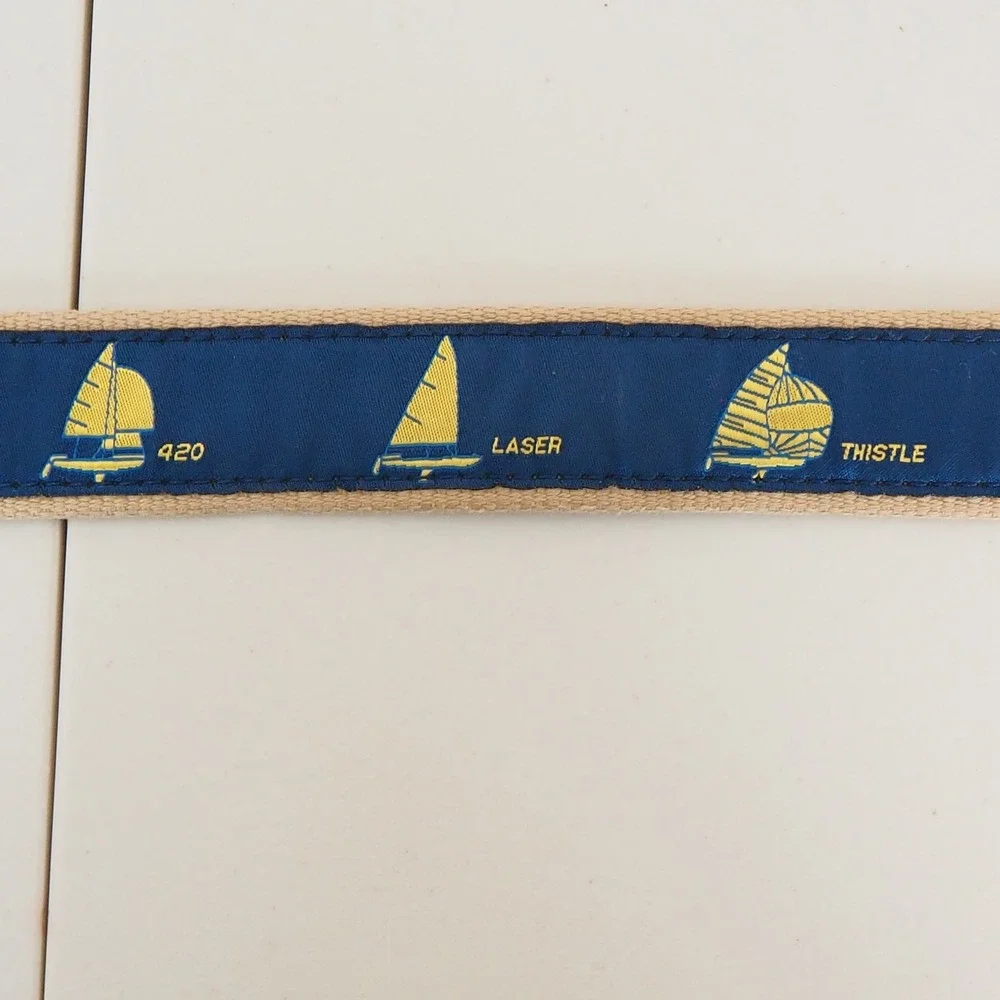 Belted Cow Co Nautical Sailboat Ribbon Club Belt Mens‎ 44 Leather Preppy Yacht